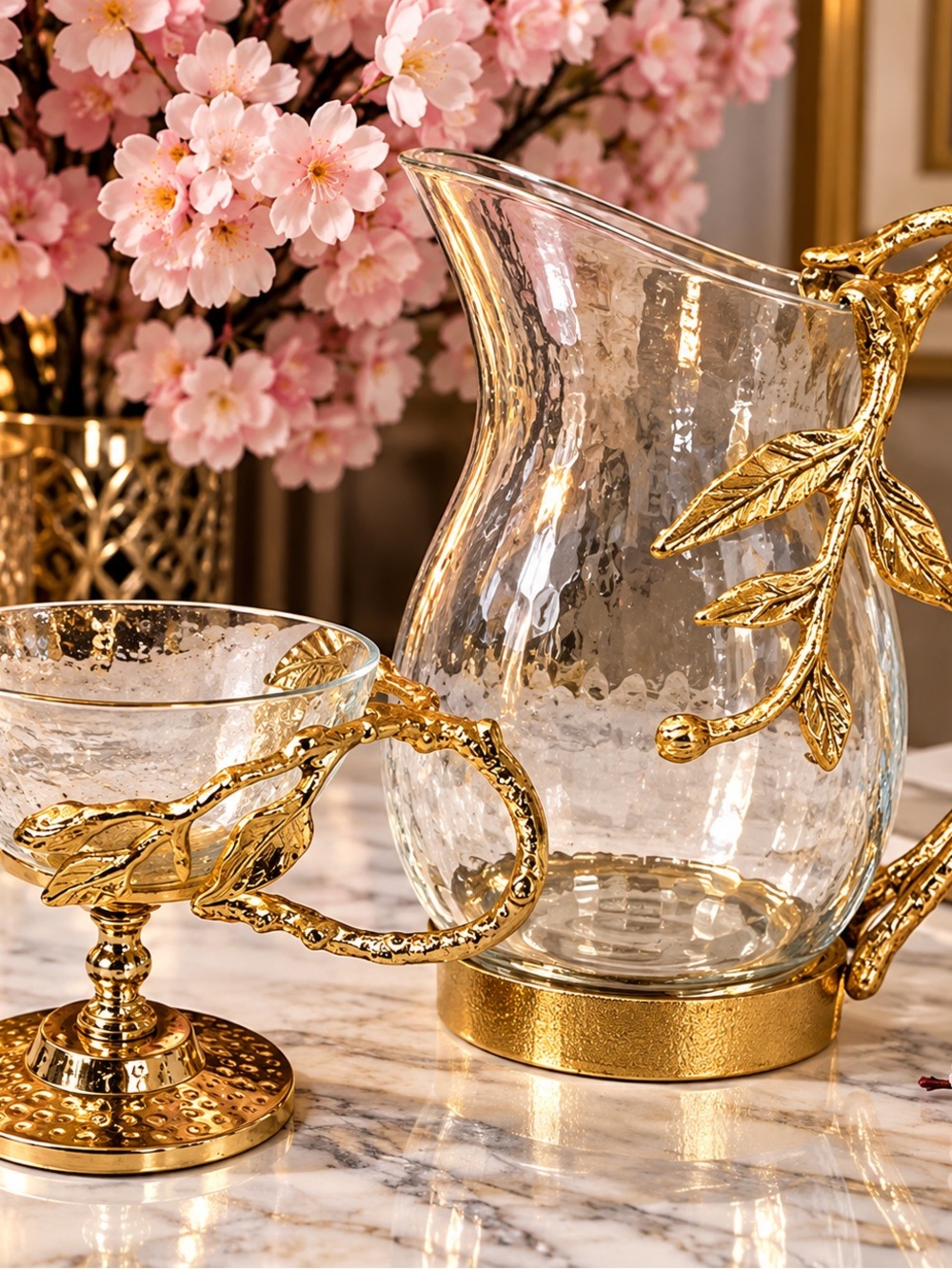 Elegant Gold-Accent Glass Pitcher and Compote Set - Clear and Gold